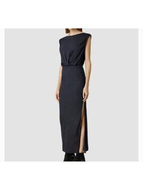 All Saints Nile VI Maxi Navy Dress Size 2 Ruched Sleeveless Side Slit Elegant Ne